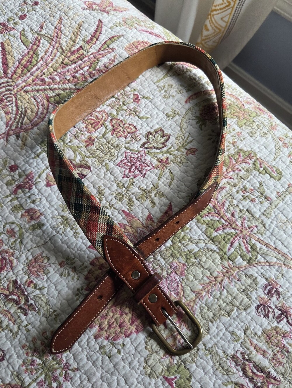 Vintage Plaid Leather Trim Belt in Red, Green, Tan